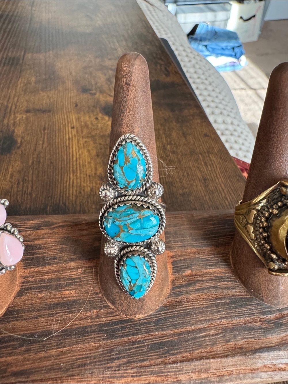 Turquoise Triple-Stone Sterling-Style Statement Ring - Blue